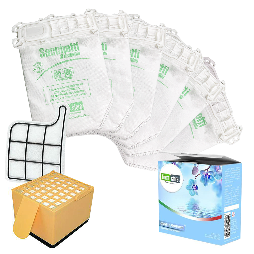 bierre store sacchetti folletto vk 135-136 6 pz + granuli profumati talco+ filtri compatibili - foto 1