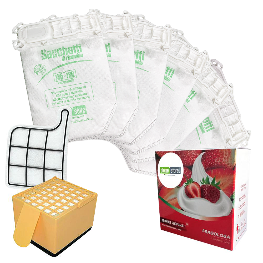bierre store sacchetti folletto vk 135-136 6 pz + granuli profumati fragolosa+ filtri compatibili - foto 1